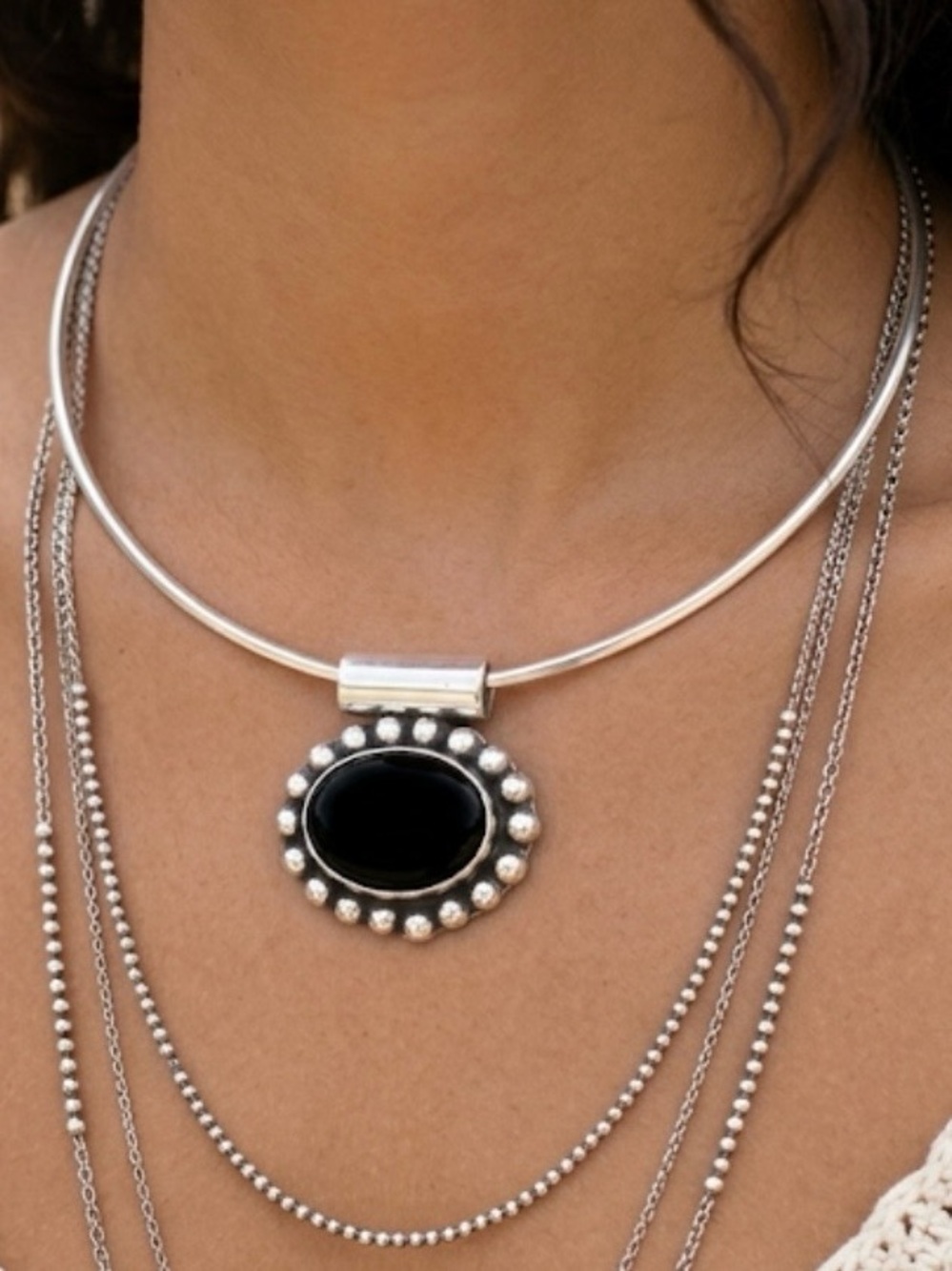 Vintage 17g Taxco 925 Sterling Silver Black Onyx Oval Beaded Pendant Mexico